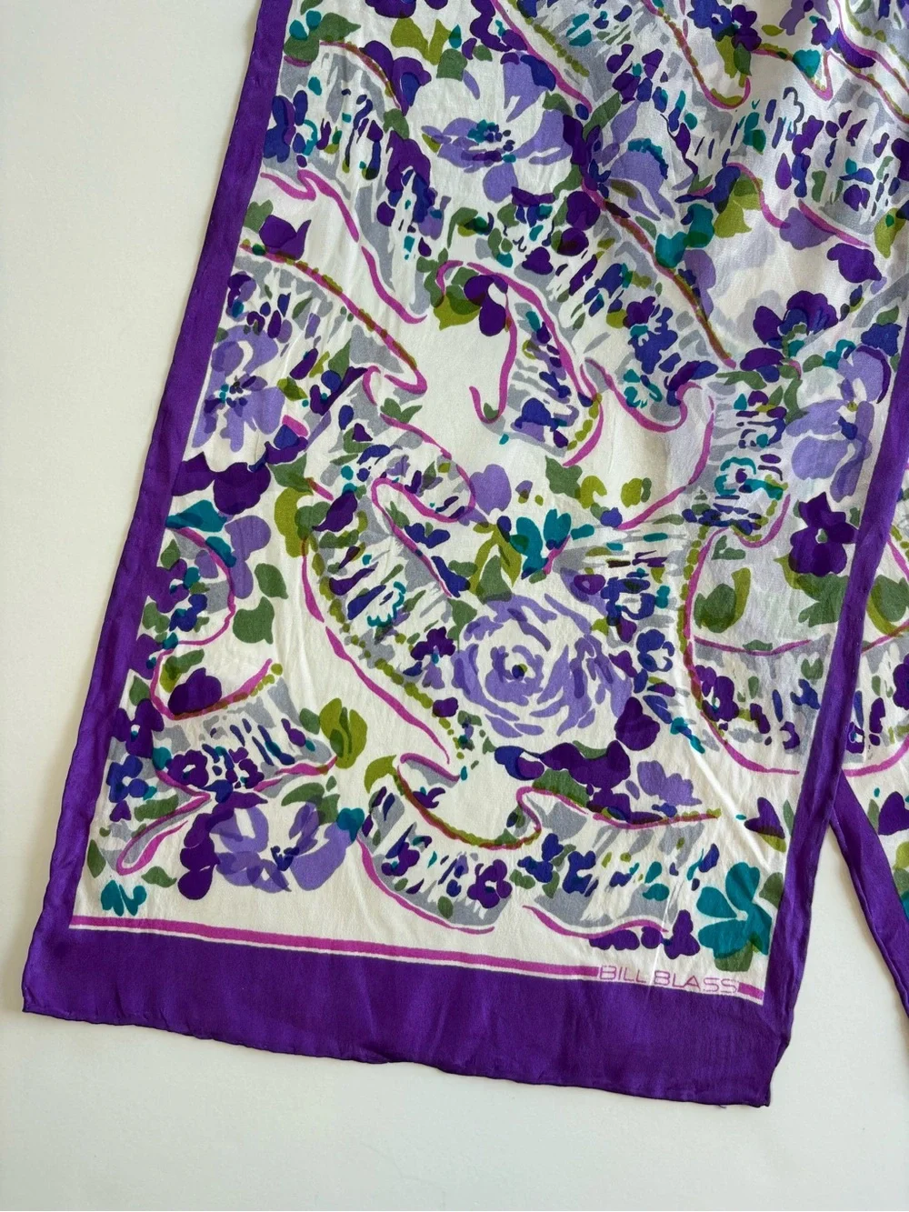Vintage 1970s Bill Blass Silk Rectangular Scarf Purple Floral Classic Boho